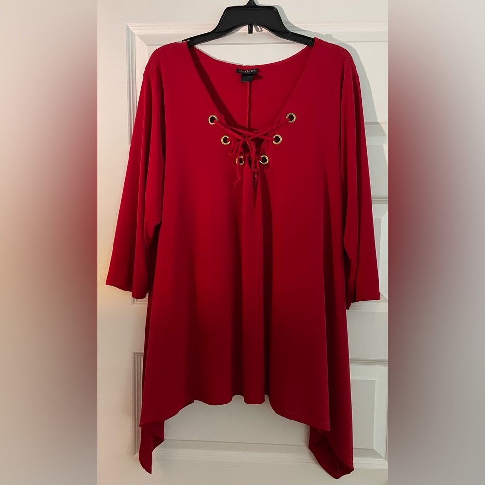 Sexy Red Asymmetrical Tie-Front 3/4 Sleeve Blouse - Size 3X